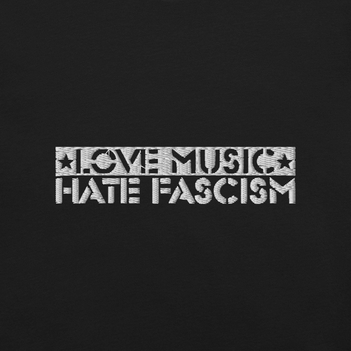 Love music hate fascism Shirt bestickt Brust links